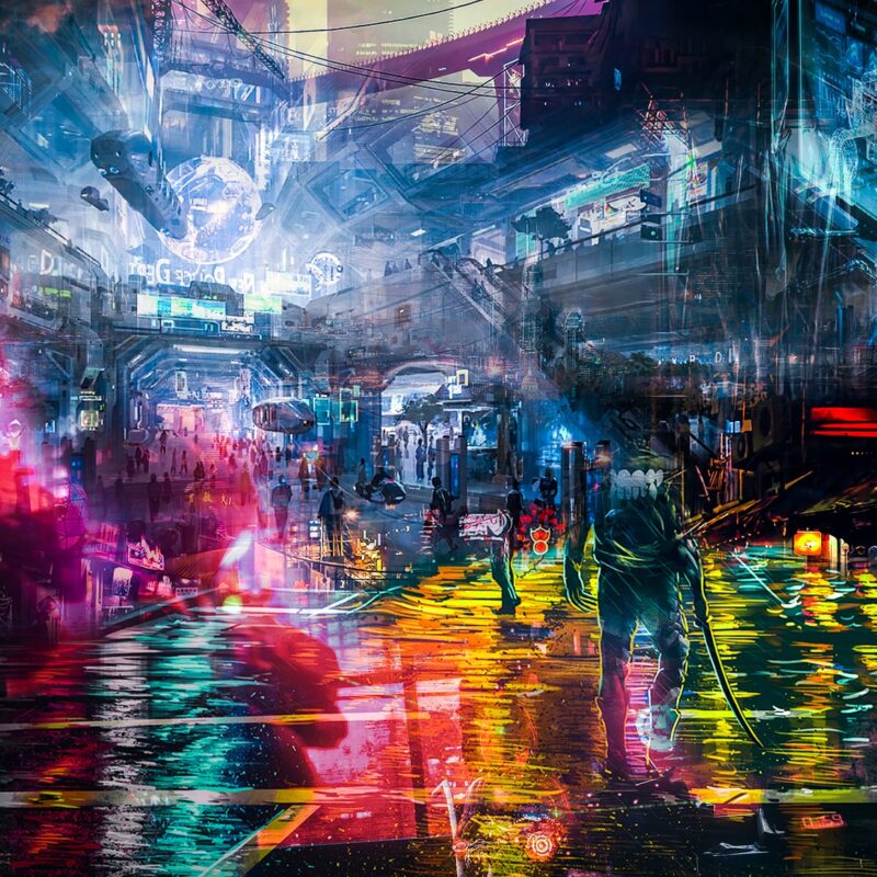 Bright, futuristic night street scene with abstract oil-painting effect and indistinct shapes