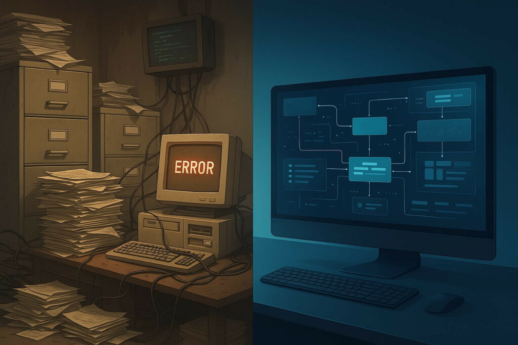 Hand-drawn image showing a messy desk on the left and a tidy, modern desk on the right