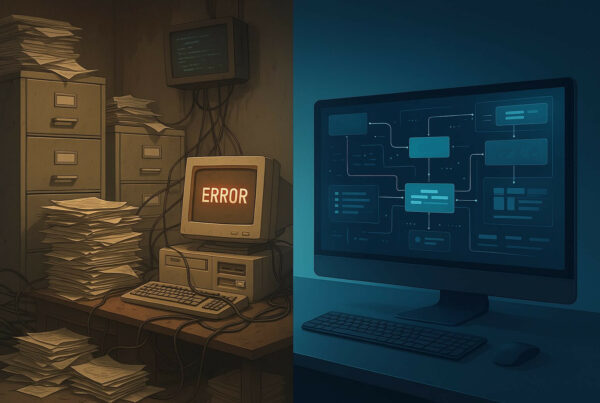 Hand-drawn image showing a messy desk on the left and a tidy, modern desk on the right