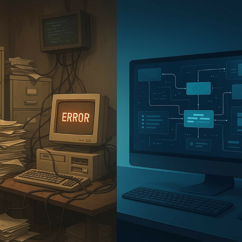 Hand-drawn image showing a messy desk on the left and a tidy, modern desk on the right