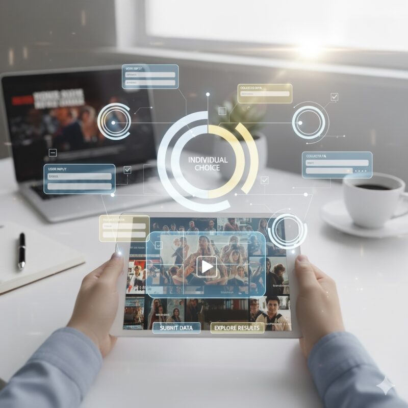 User holding a tablet computer against a backdrop of a clean desk with a laptop